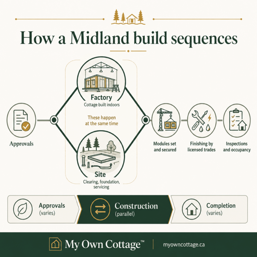 Prefab cottages Midland build sequence showing factory construction and site preparation happening in parallel before installation and occupancy.