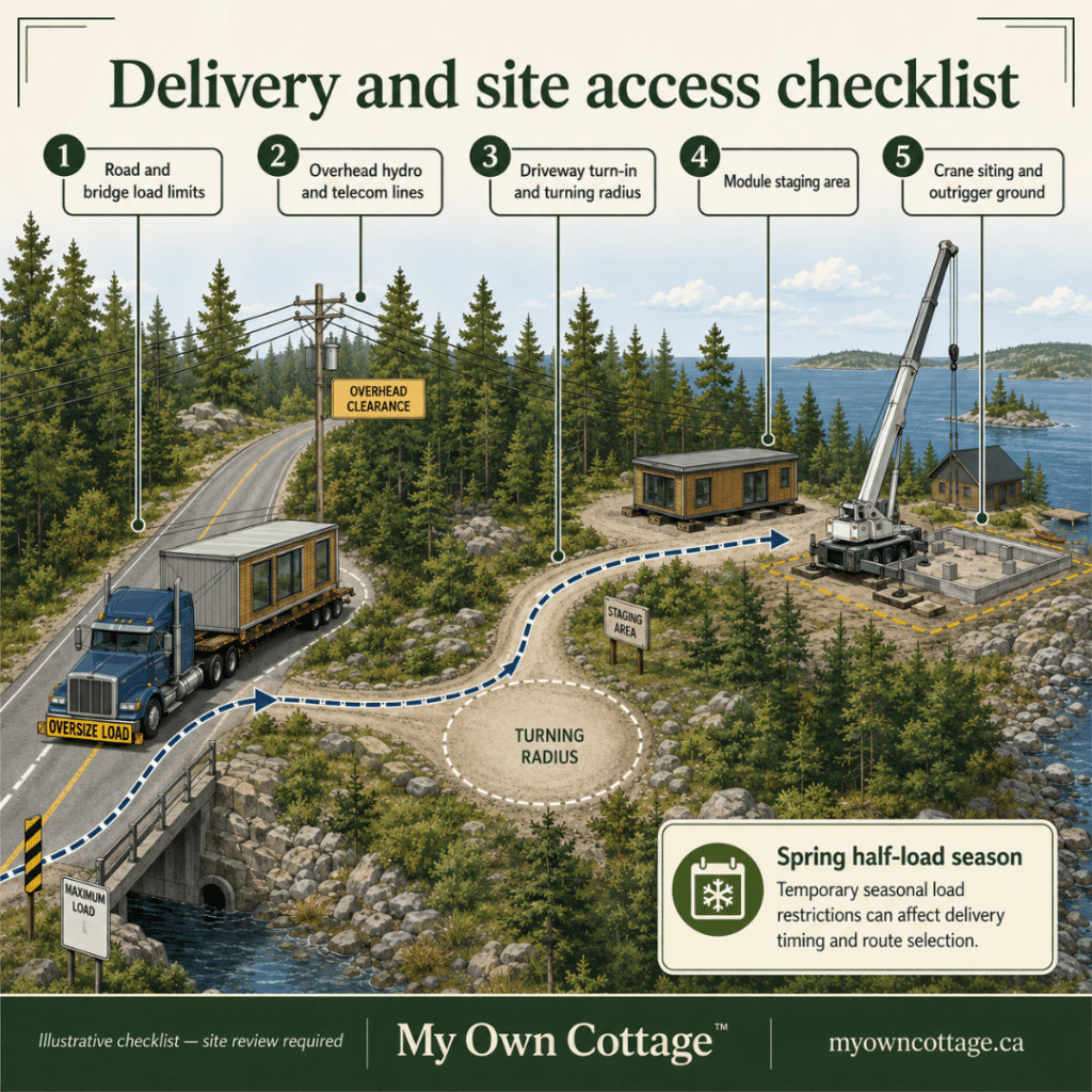 Prefab cottages Midland delivery and site access checklist showing road limits, overhead lines, turning radius, staging area and crane access.