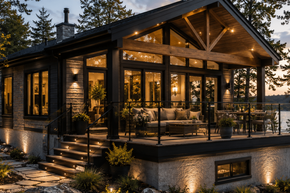 Prefab cottages Midland modern four-season prefab cottage on a visible permanent foundation overlooking a wooded Georgian Bay property near Midland, Ontario.