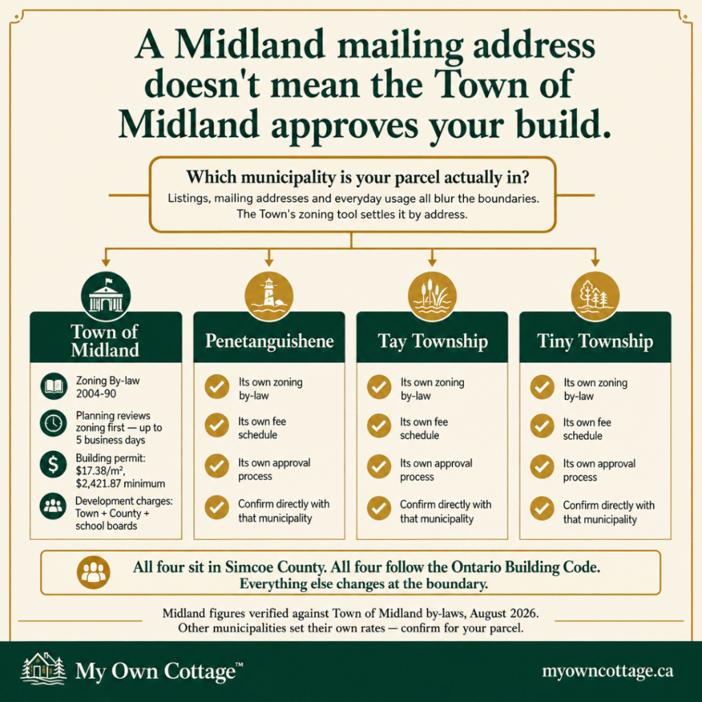 Prefab cottages Midland jurisdiction guide comparing Town of Midland, Penetanguishene, Tay Township and Tiny Township approval requirements.