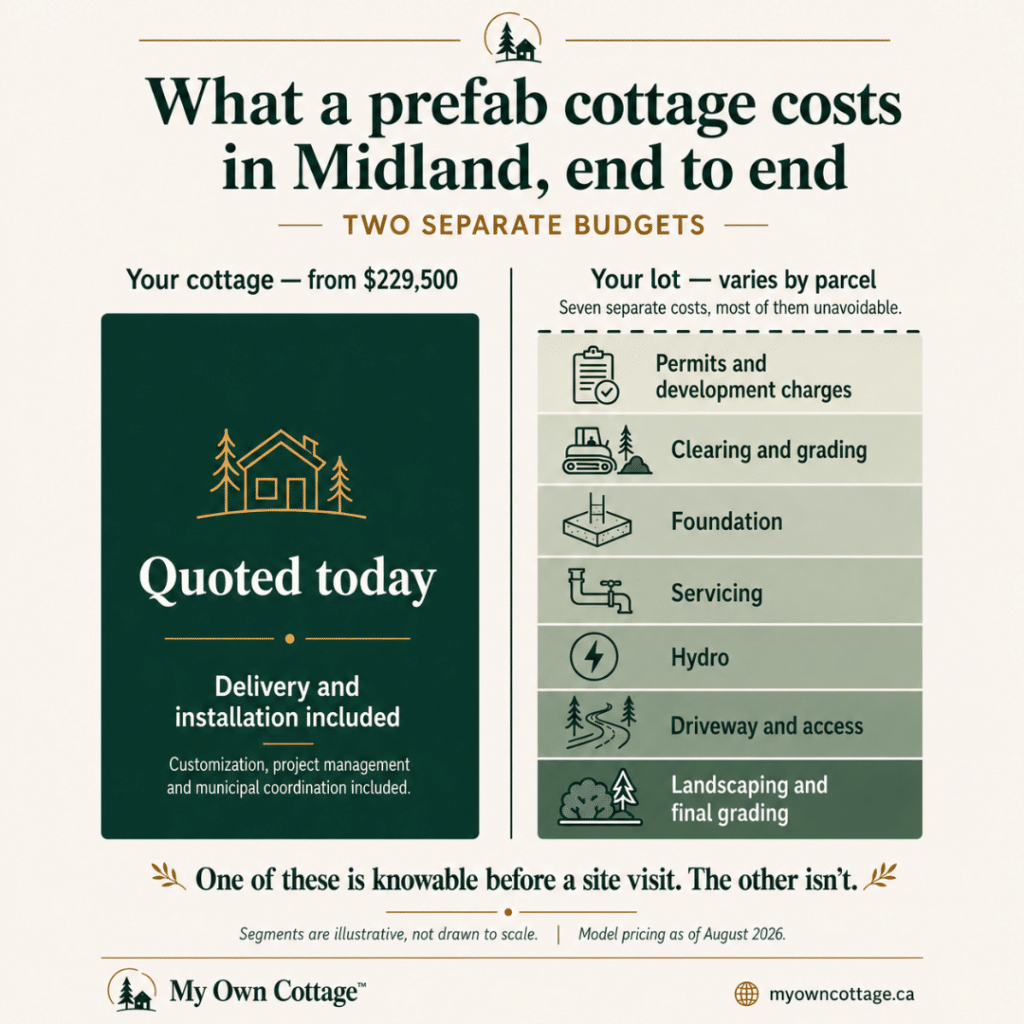 Prefab cottages Midland two-budget diagram showing cottage pricing from $229,500 separately from permits, site preparation, foundation, servicing, hydro, driveway access, and landscaping costs.