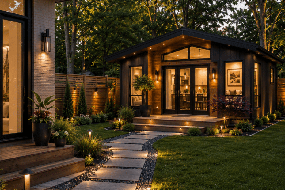 Prefab cottages Orangeville backyard accessory dwelling unit with a modern prefab cottage behind an existing home on a serviced residential lot featuring a landscaped walkway, privacy fence and mature trees