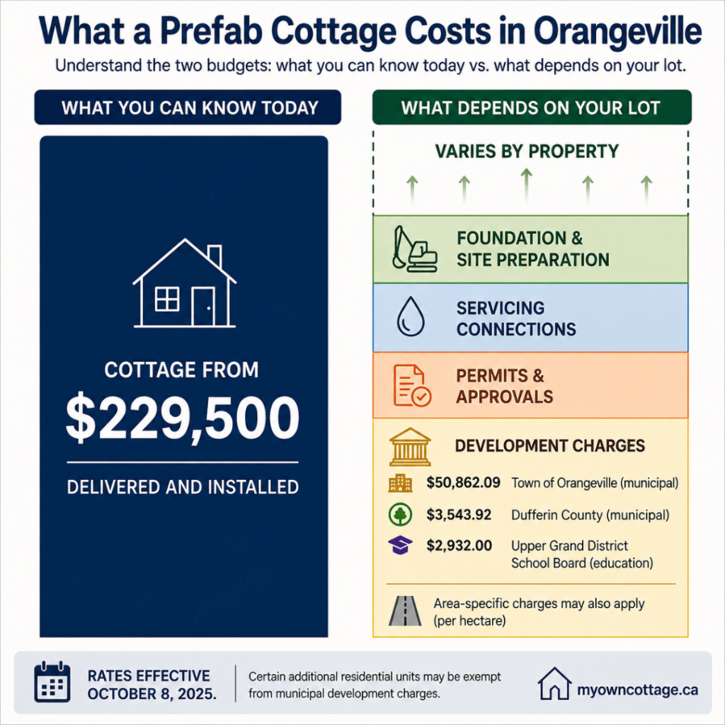 Prefab cottages Orangeville cost breakdown comparing the fixed cottage price from $229,500 delivered and installed with lot-specific costs including foundation, servicing, permits and Orangeville development charges