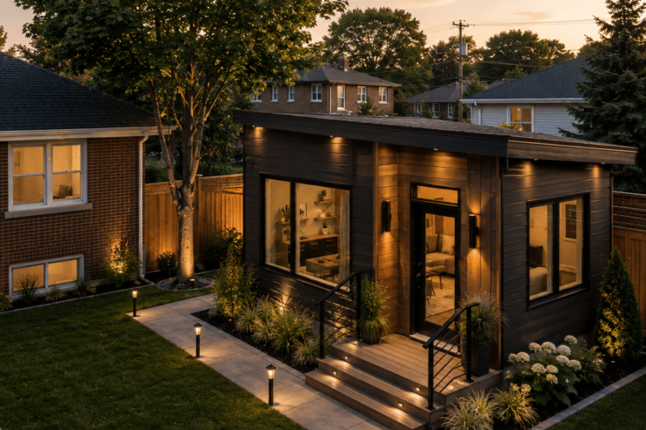 Prefab cottages Oshawa modern compact prefab cottage in the backyard of an established Oshawa home, showing a permanent foundation, landscaped yard, paved walkway, hydro connection and contemporary exterior design.