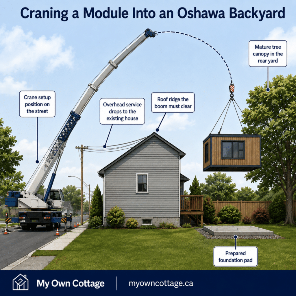 Prefab cottages Oshawa side elevation showing a crane lifting a factory-built module over an existing house into a backyard, highlighting crane setup, overhead service lines, roof clearance, mature trees and a prepared foundation pad.
