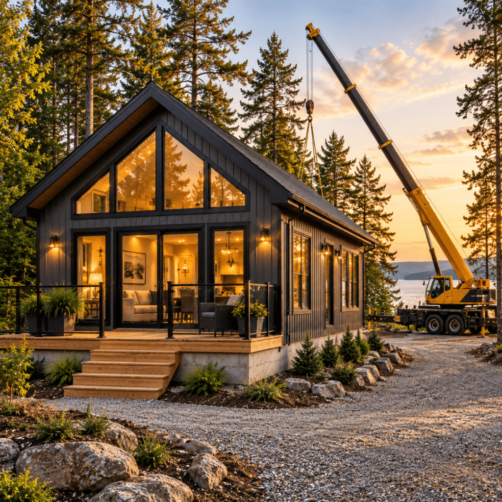 Prefab cottages Owen Sound: completed modern prefab cottage on a permanent foundation with a delivery crane in the background on a wooded Georgian Bay-area lot.