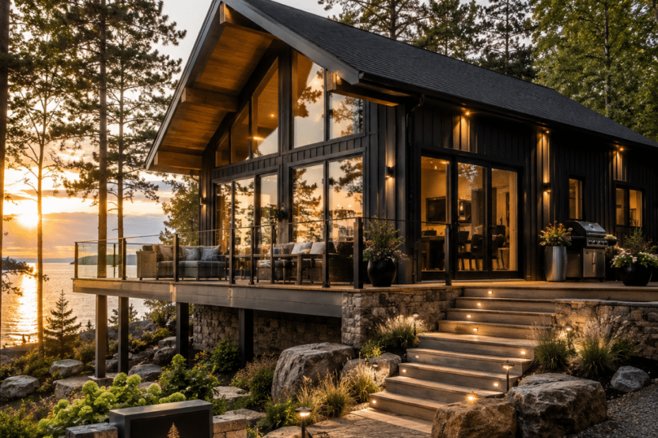 Prefab cottages Owen Sound: completed modern prefab cottage on a permanent foundation overlooking Georgian Bay, showing a finished four-season home on a real Grey County lot.