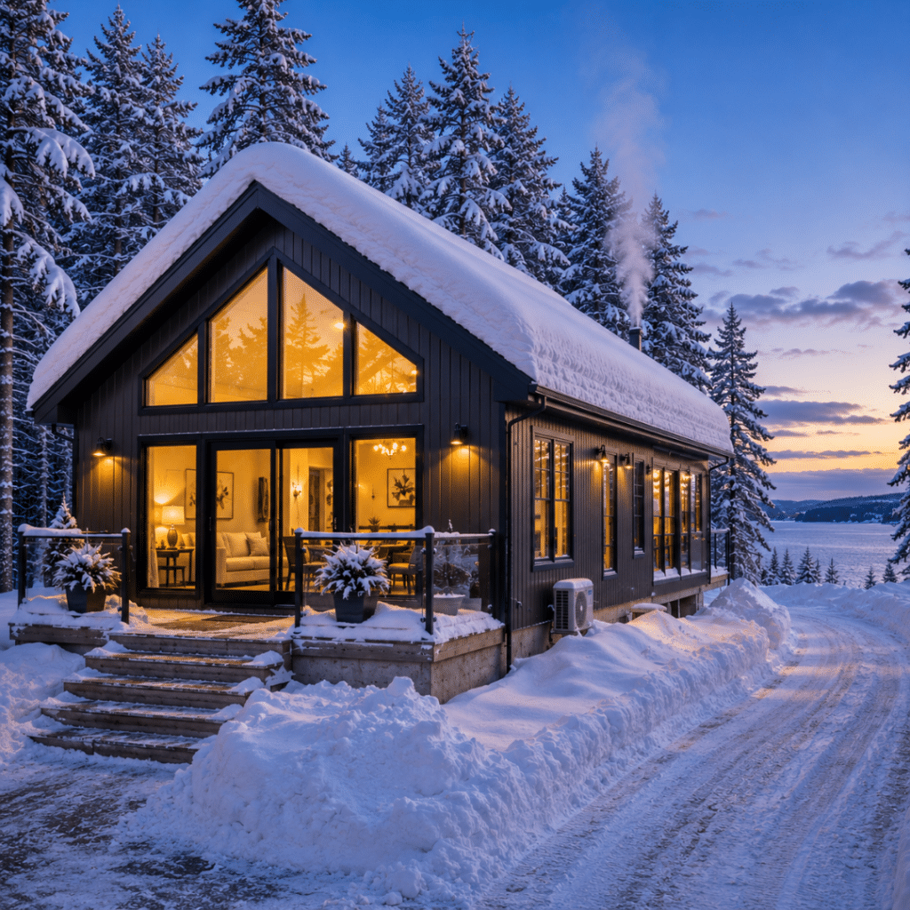 Prefab cottages Owen Sound: four-season prefab cottage in deep winter with snow on the roof, a visible permanent foundation, warm interior lighting, and a plowed driveway in the Georgian Bay region.