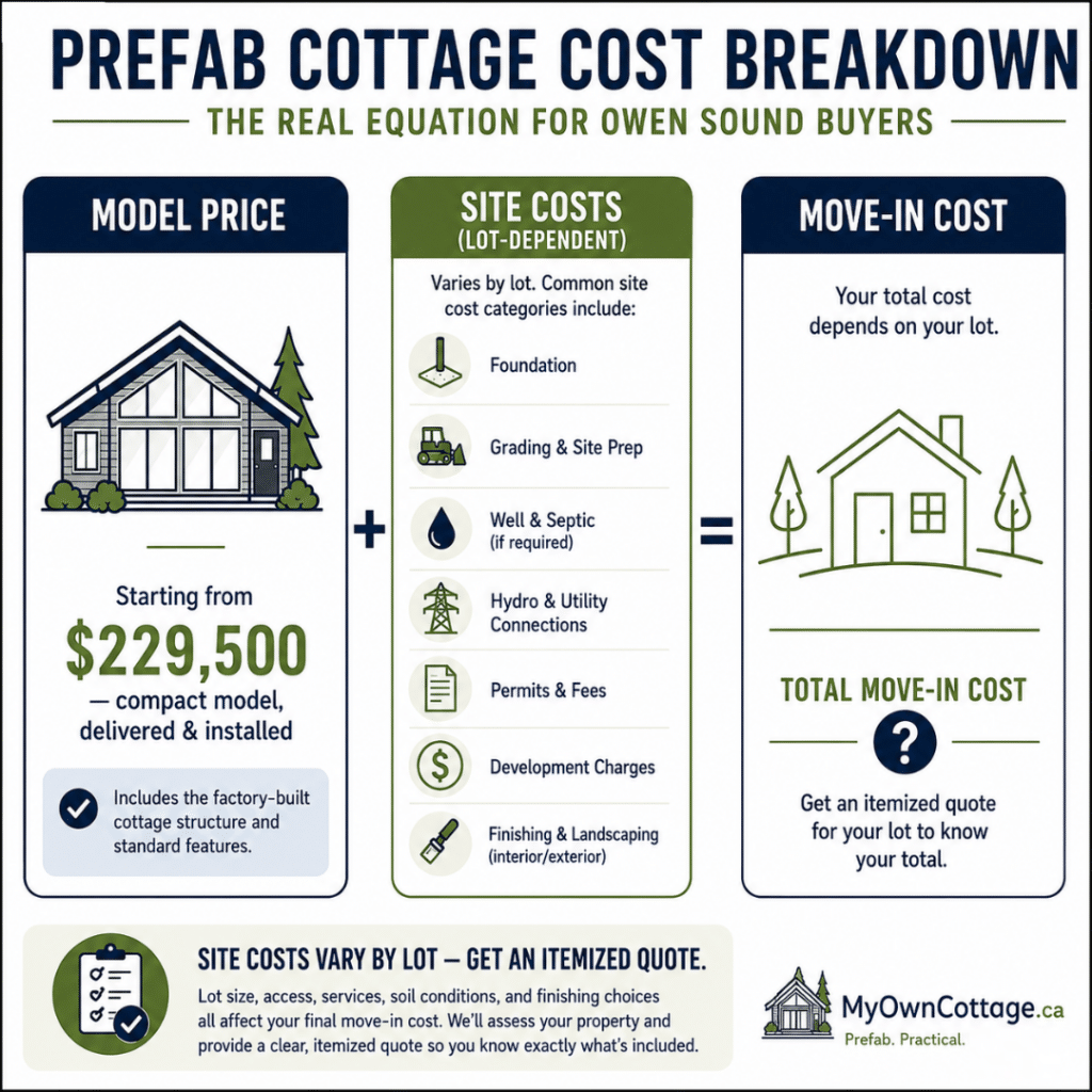 Prefab cottages Owen Sound infographic showing how a prefab cottage model price plus site costs such as foundation, grading, well and septic, hydro, permits, development charges, and finishing determine the total move-in cost.
