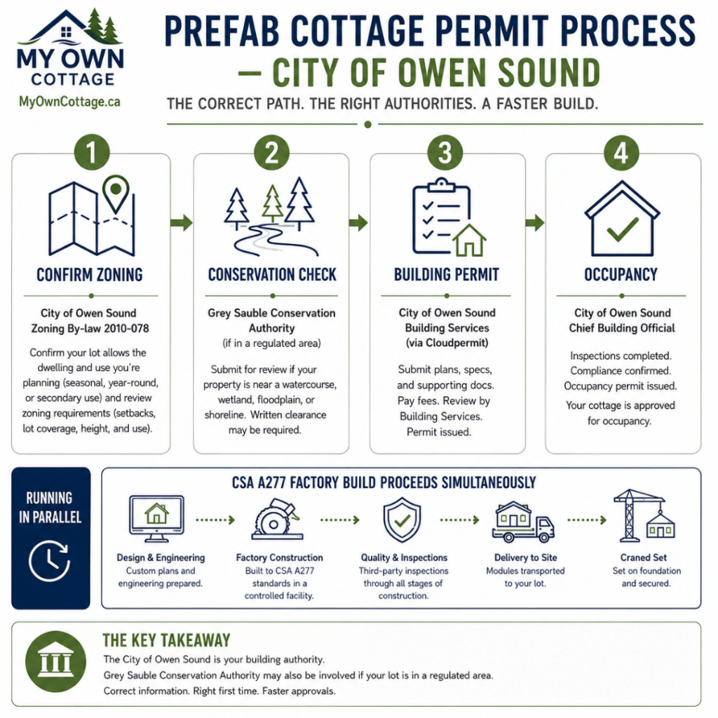Prefab cottages Owen Sound permit process diagram showing the four-step approval path from zoning confirmation and Grey Sauble Conservation Authority review (where required) to City of Owen Sound building permit, CSA A277 factory construction, and occupancy.