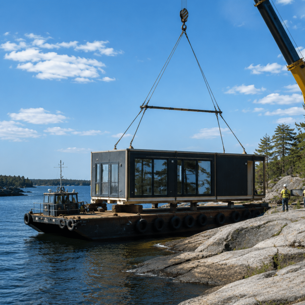 Prefab cottages Parry Sound showing a modular cottage module delivered by barge and positioned by crane on a water-access Georgian Bay property with exposed Canadian Shield rock