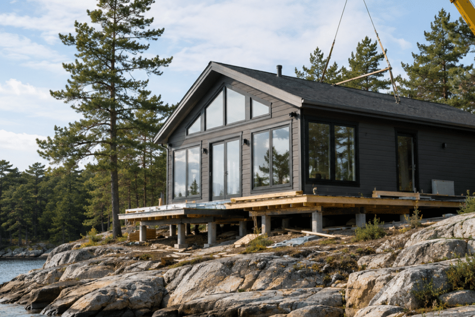 Prefab cottages Parry Sound showing a modern modular cottage being installed on a granite Georgian Bay shoreline with exposed Canadian Shield rock, pine trees, and crane placement