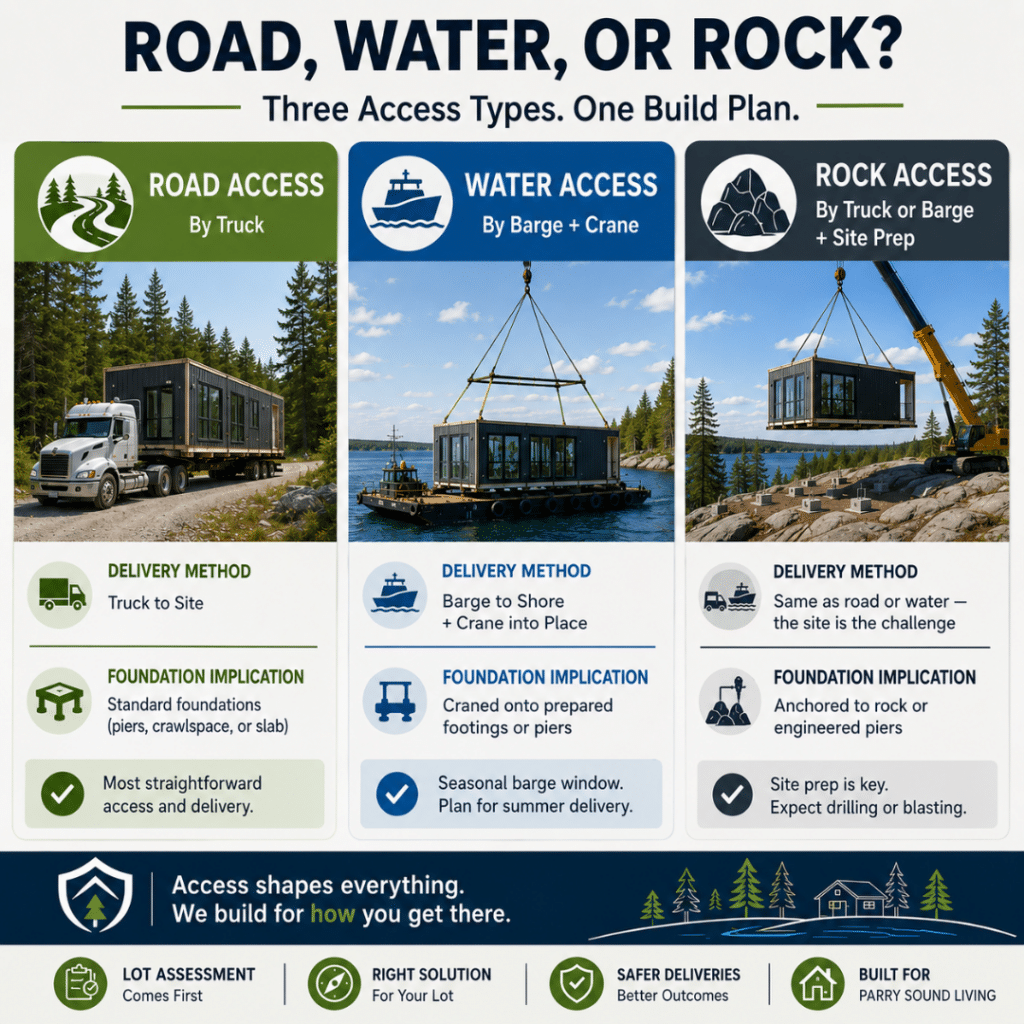 Prefab cottages Parry Sound infographic comparing road, water, and rock access for modular cottage delivery, foundation requirements, and site preparation on Georgian Bay properties