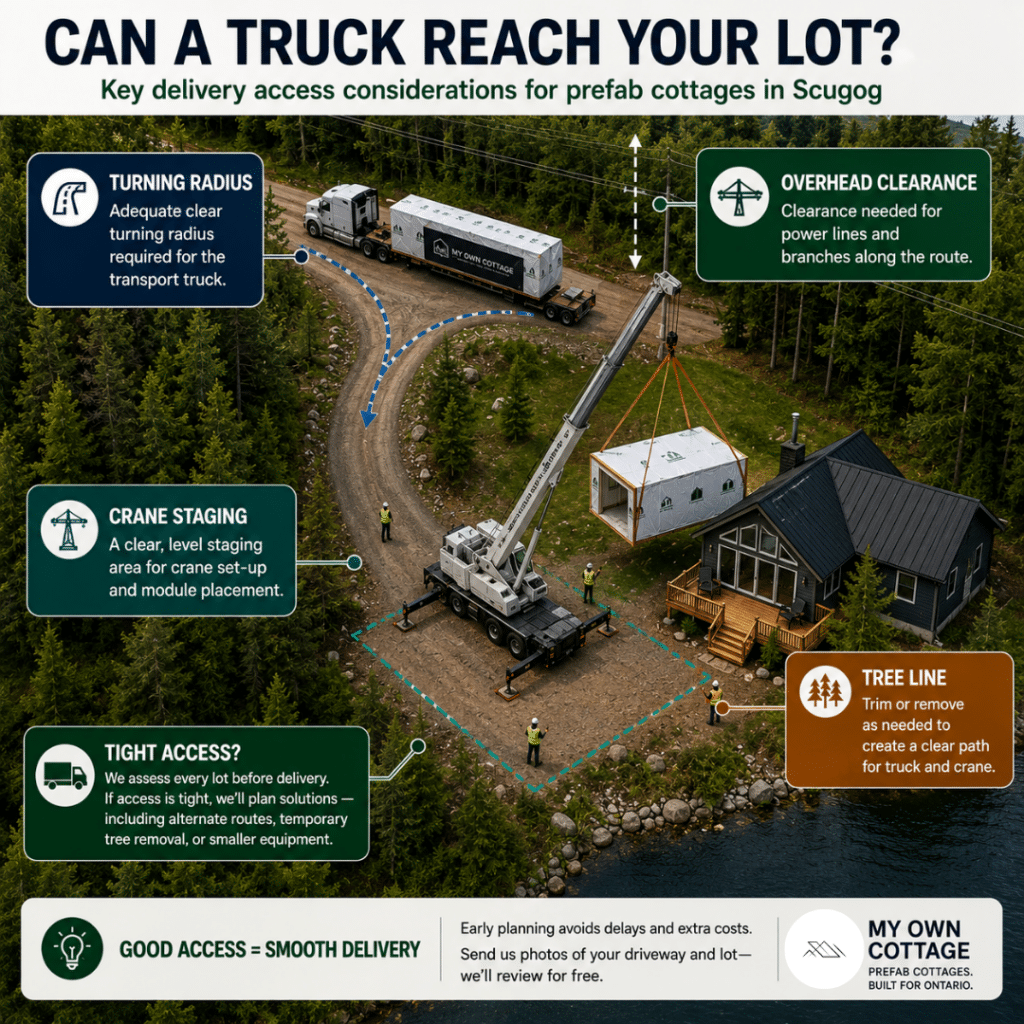 Prefab cottages Scugog delivery access diagram showing a transport truck, crane, turning radius, overhead clearance, crane staging area and tree line considerations for delivering a prefab cottage module.