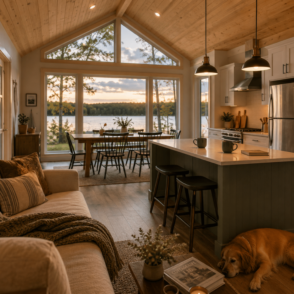 Prefab cottages Scugog interior featuring an open-concept kitchen and living room with vaulted ceilings, a large lake-view window wall, warm natural finishes and a cozy Ontario cottage atmosphere.