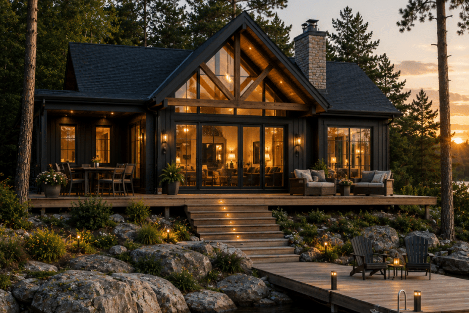 Prefab cottages Scugog – modern luxury prefab cottage with a black exterior, timber gables, stone chimney, expansive windows, and a lakeside Ontario setting.