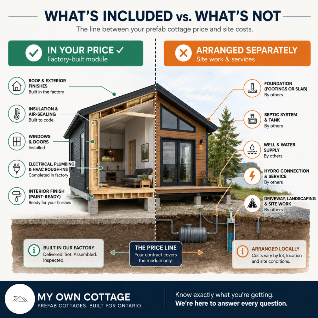 Prefab cottages Scugog diagram showing what a prefab cottage price includes—factory-built module, insulation, windows, doors and rough-ins—versus foundation, septic, well, hydro connection and site servicing arranged separately.