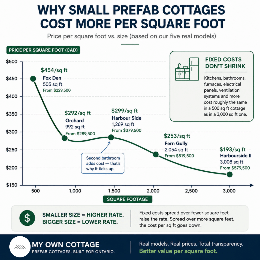 Prefab cottages Scugog chart showing price per square foot falling from about $454 at 505 sq ft to about $193 at 3,008 sq ft using published model prices.