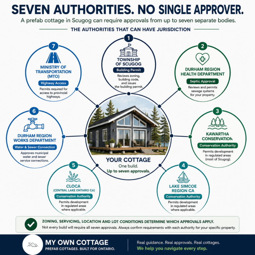 Prefab cottages Scugog diagram showing the seven authorities that may approve a prefab cottage build, including the Township of Scugog, Durham Region Health Department, Kawartha Conservation, Lake Simcoe Region Conservation Authority, CLOCA, Durham Region Works Department and the Ministry of Transportation.