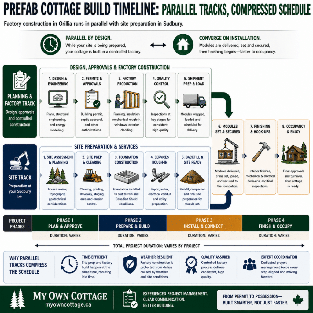 Prefab cottages Sudbury build timeline showing design, approvals and factory construction in Orillia running in parallel with site preparation, foundation and servicing before module installation, finishing and occupancy.