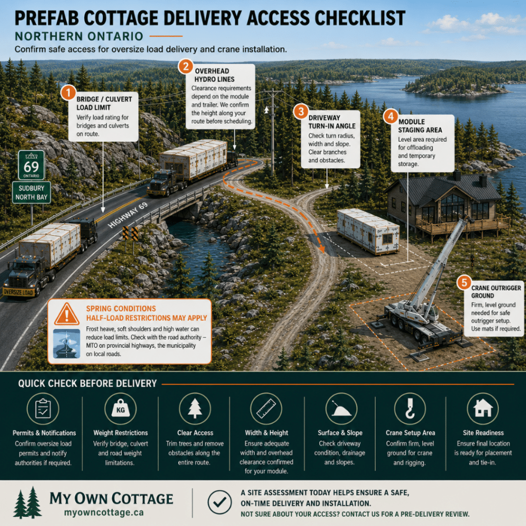 Prefab cottages Sudbury delivery access checklist showing bridge load limits, overhead hydro line clearance, driveway turn-in angle, module staging area, crane placement, and spring half-load restrictions for a Northern Ontario installation.