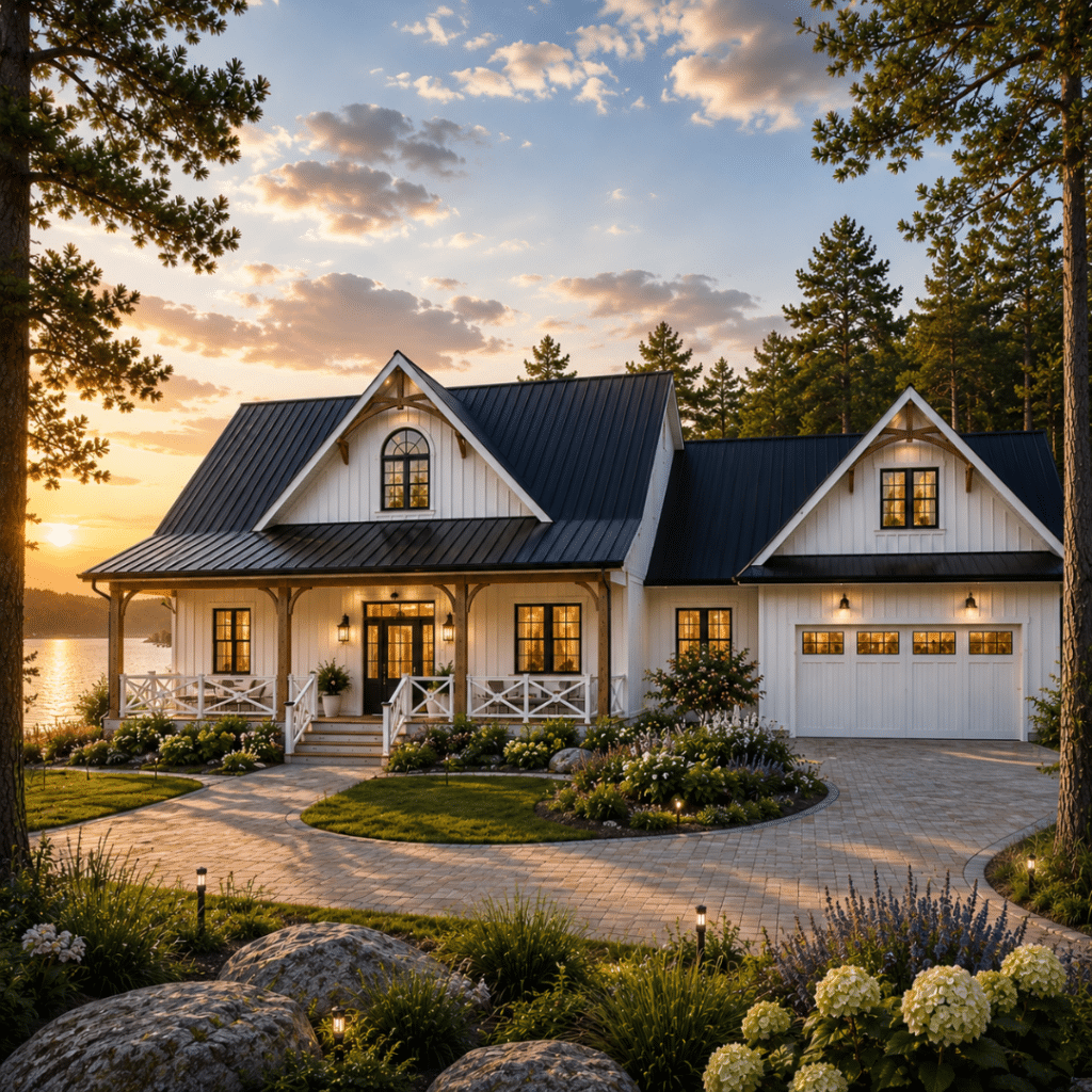 Prefab cottages Sudbury Excelsior model, a 2,261 sq ft three-bedroom luxury cottage on a spacious Northern Ontario waterfront lot with room for a larger footprint, site access and multiple-module installation.