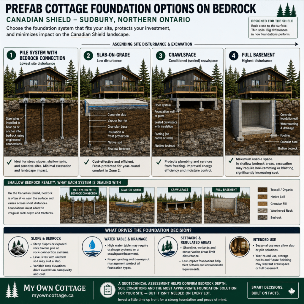 Prefab cottages Sudbury foundation options comparing helical pile, slab-on-grade, crawlspace, and full basement cross-sections on shallow Canadian Shield bedrock with site preparation considerations.