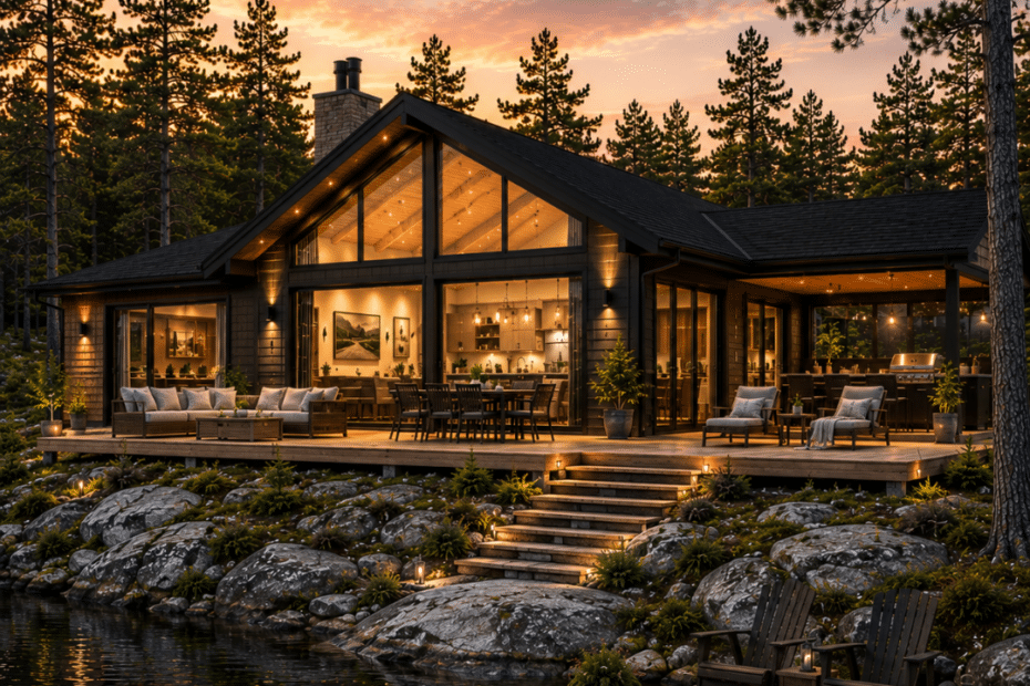 Prefab cottages Sudbury luxury modern waterfront cottage on a Canadian Shield property with exposed granite, mature pine trees, expansive lakeside deck, floor-to-ceiling windows and completed landscaping.