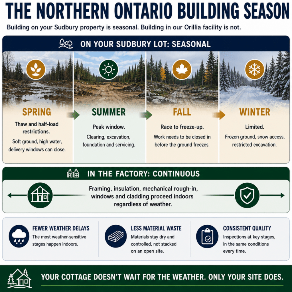Prefab cottages Sudbury building season diagram comparing seasonal site preparation on a Northern Ontario lot with continuous factory construction, showing spring half-load restrictions, summer site work, fall freeze-up and limited winter excavation.