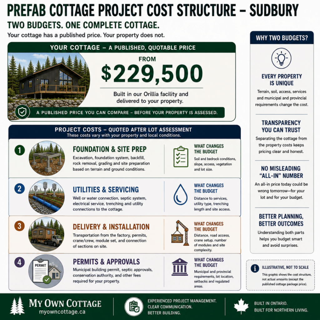 Prefab cottages Sudbury project cost structure showing the published cottage package price separately from project costs, including foundation and site preparation, utilities and servicing, delivery and installation, and permits and approvals.