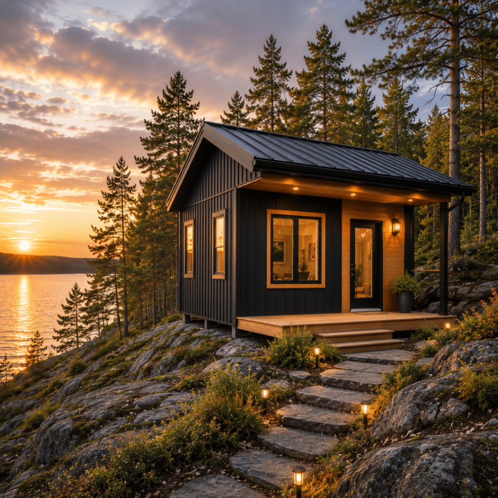 Prefab cottages Sudbury featuring a compact modern cottage on a constrained rocky shoreline lot in Northern Ontario, surrounded by pine trees with a modest front porch and natural Canadian Shield landscape.