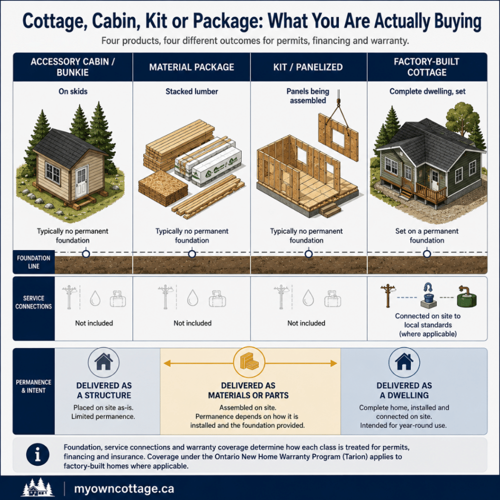 Prefab cottages Timmins comparison diagram showing the differences between an accessory cabin, material package, panelized kit home and factory-built cottage by foundation, service connections and permanence.