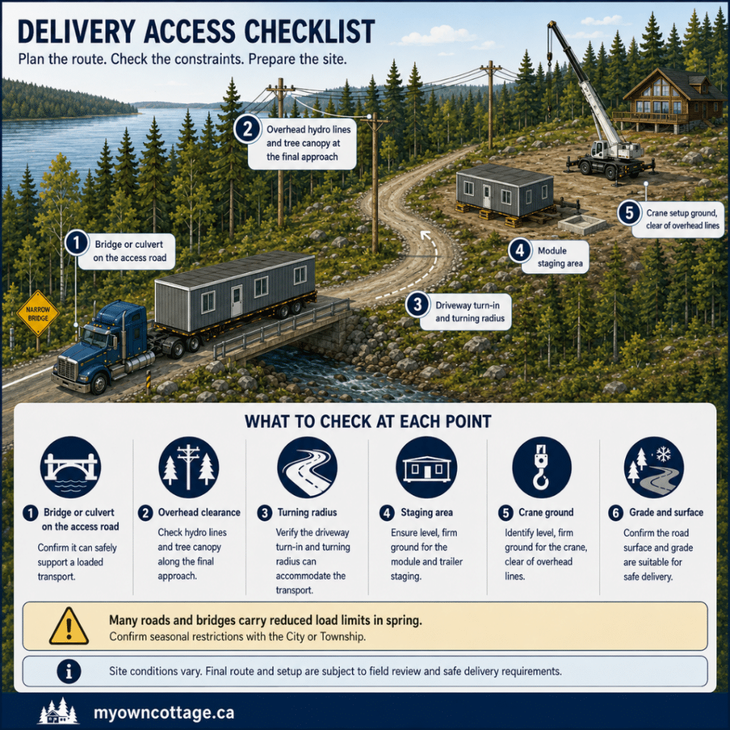 Prefab cottages Timmins delivery access checklist showing bridge or culvert, overhead hydro lines, driveway turn-in, module staging area, crane setup ground, grade and surface, and seasonal road restrictions for modular cottage delivery.