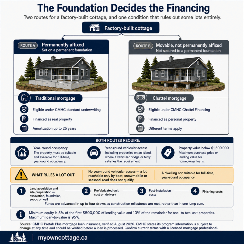 Prefab cottages Timmins financing diagram comparing permanent foundation and movable factory-built cottages, mortgage options, financing eligibility, year-round access requirements and construction draw stages.