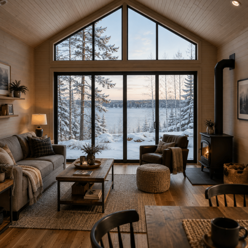 Prefab cottages Timmins interior with large glazed windows overlooking a winter landscape, illustrating how window area affects energy compliance and design requirements.