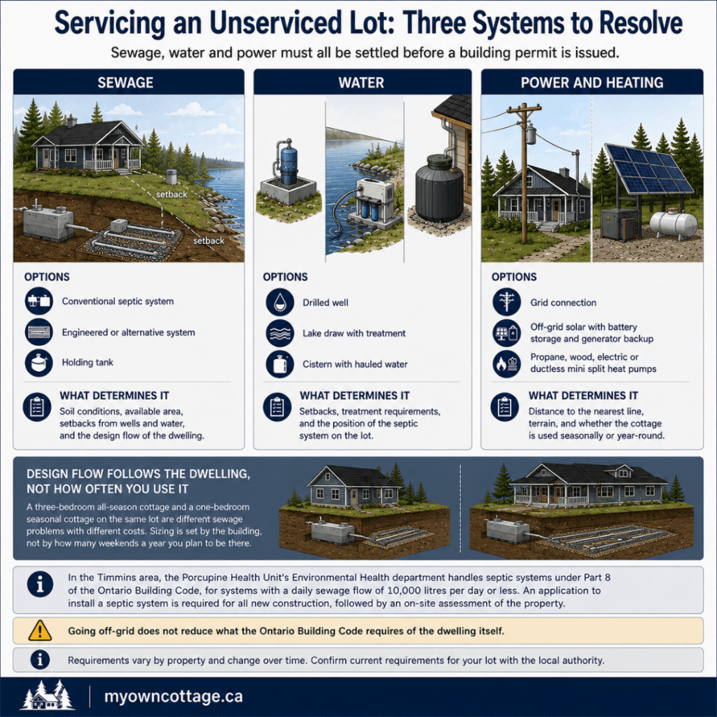 Prefab cottages Timmins servicing guide showing sewage, water and power options for an unserviced lot, including septic systems, wells, off-grid power and utility connections.