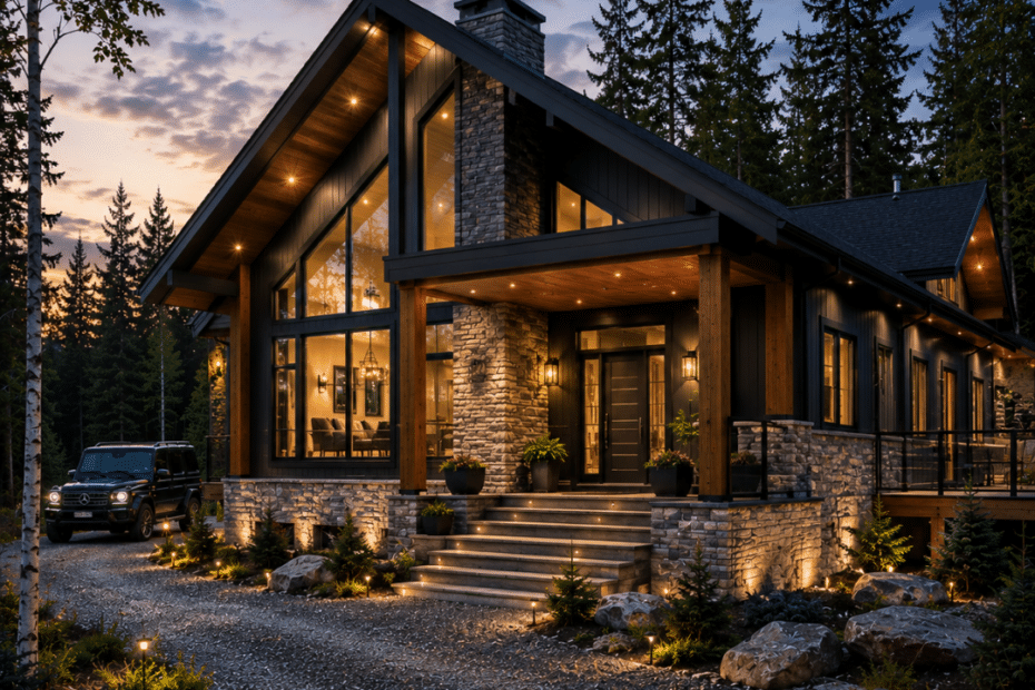 Prefab cottages Timmins modern four-season prefab home on a permanent concrete foundation with a gravel driveway, boreal forest setting, and completed residential lot in Northern Ontario.