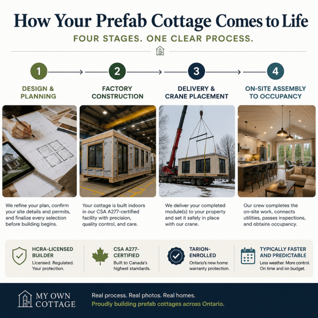 Prefab cottages Toronto build process infographic showing the four stages of building a prefab cottage in Ontario: design, factory construction, delivery and crane placement, and on-site assembly through occupancy.