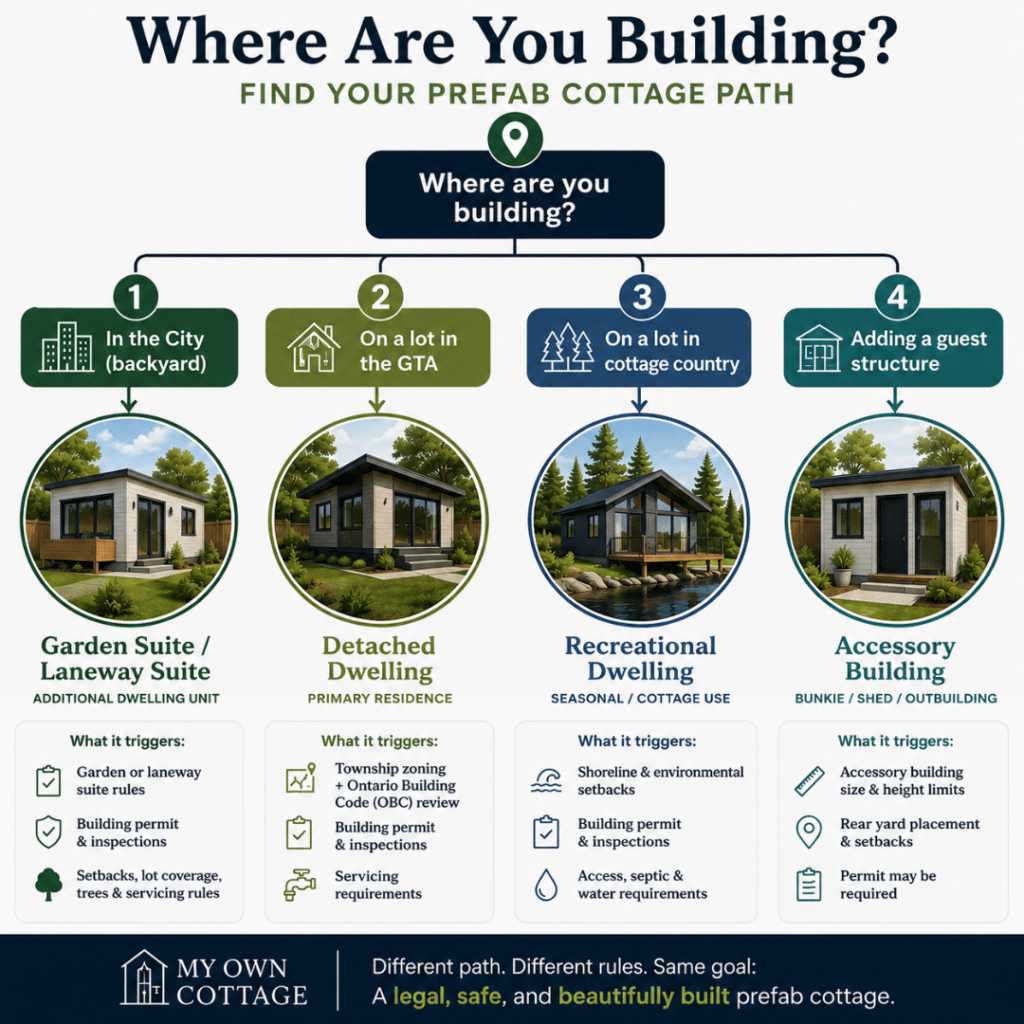 Prefab cottages Toronto decision guide showing whether a project is a garden suite, laneway suite, detached dwelling, recreational dwelling, or accessory building, and the planning and building requirements each path triggers in Ontario.