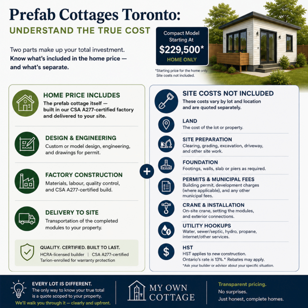 Prefab cottages Toronto cost breakdown infographic showing what the home price includes versus separate site costs such as land, foundation, permits, utility hookups, crane installation, municipal fees, and HST in Ontario.