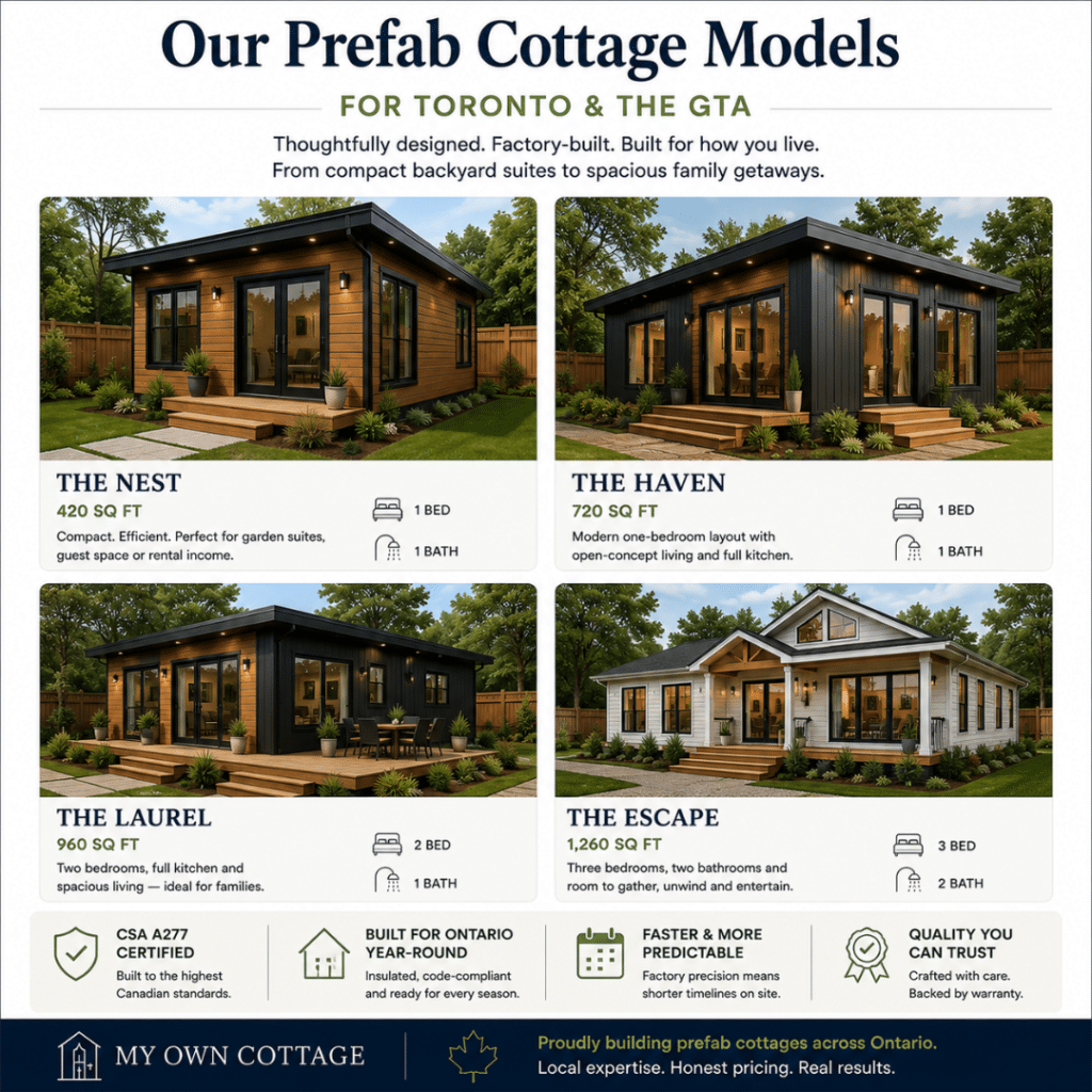Prefab cottages Toronto model showcase comparing small, modern, and larger prefab cottage designs for Toronto and the GTA, with model names, floor plans, and square footage.