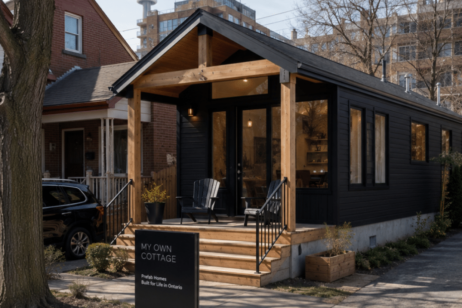 Prefab cottages Toronto: completed modern prefab cottage on a residential Toronto lot with finished foundation, driveway, landscaping, and warm interior lighting.