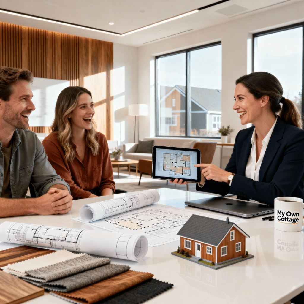My Own Cottage design consultant meeting with a Barrie, Ontario couple in a bright studio, reviewing prefab home floor plans, material samples, and a 3D model during a friendly consultation.