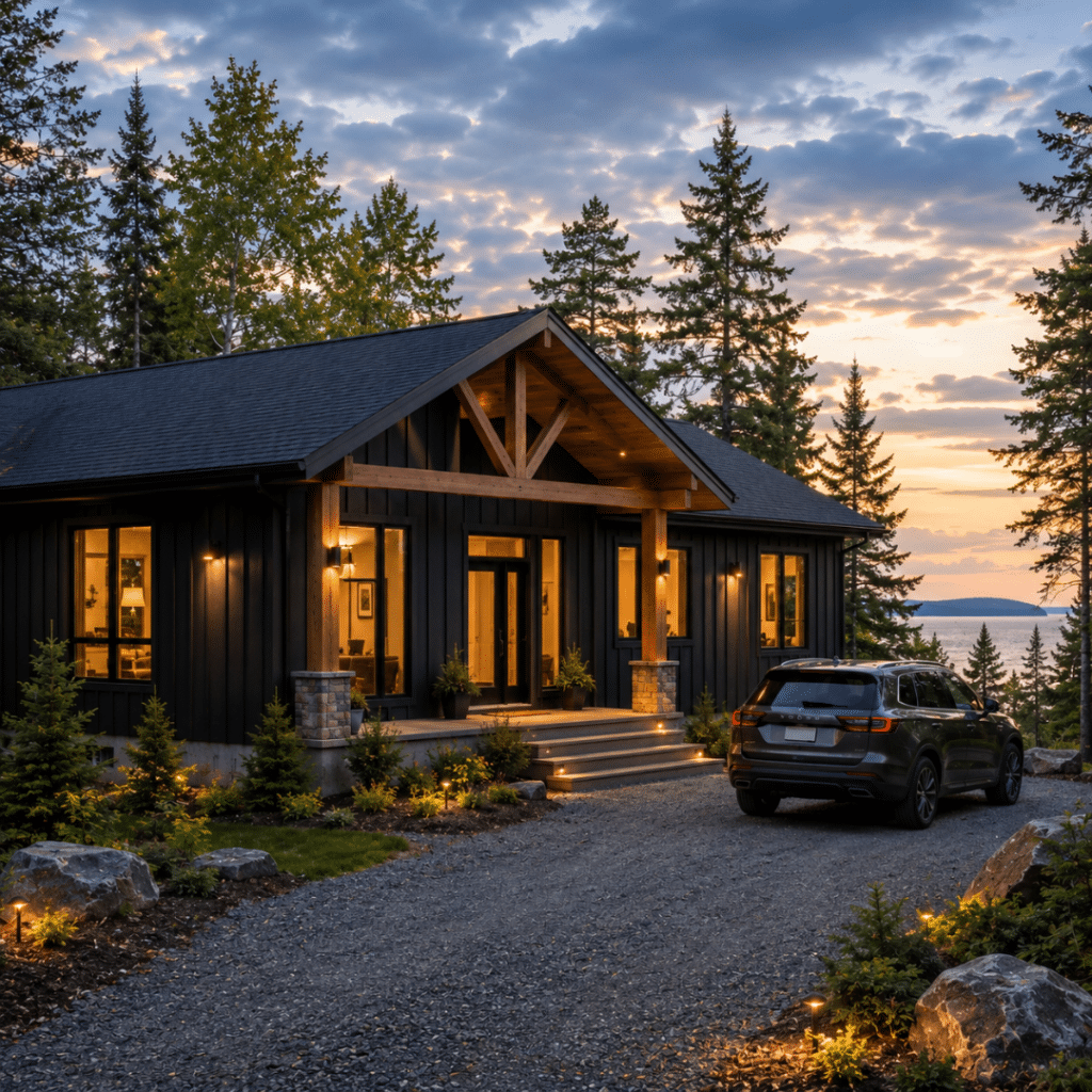 Prefab home Thunder Bay Ontario — completed My Own Cottage modular home with warm interior lighting, permanent foundation, gravel driveway, and Northwestern Ontario boreal forest setting