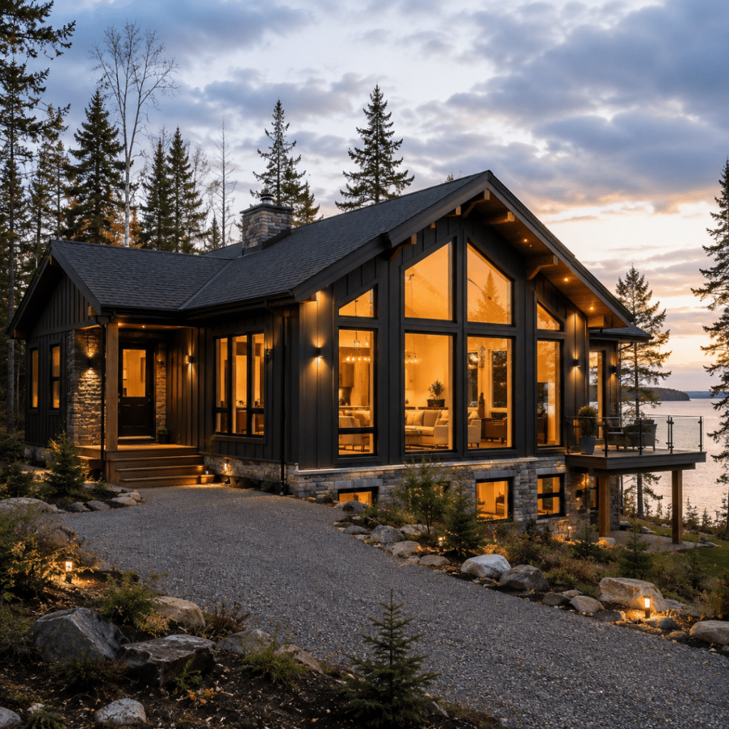 Prefab homes Thunder Bay Ontario — completed modular home on a Northwestern Ontario lot showing finished exterior, permanent foundation, and boreal forest surroundings