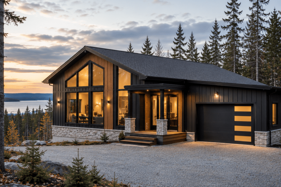 Prefab homes Thunder Bay Ontario — completed modular home on a Northwestern Ontario lot with dark cladding, boreal forest, gravel driveway, and Lake Superior regional landscape