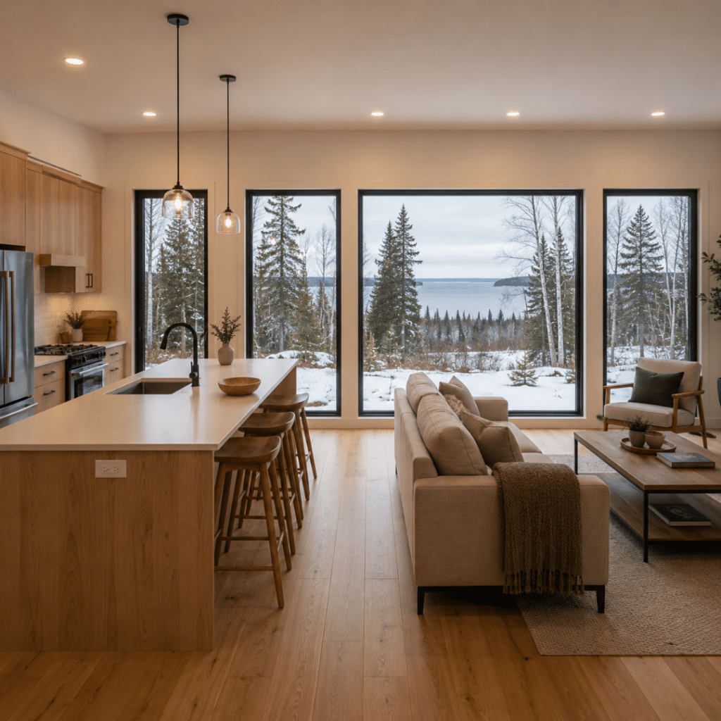Prefab homes Thunder Bay Ontario — open-concept modular home interior with kitchen island, large windows, and Lake Superior region boreal landscape views