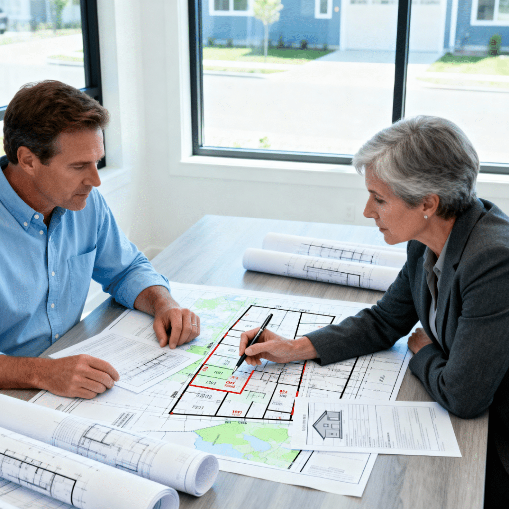 Homeowner and consultant reviewing site preparation, utilities layout, and foundation requirements for a prefab home in Barrie, Ontario, using blueprints and zoning maps in a modern workspace.