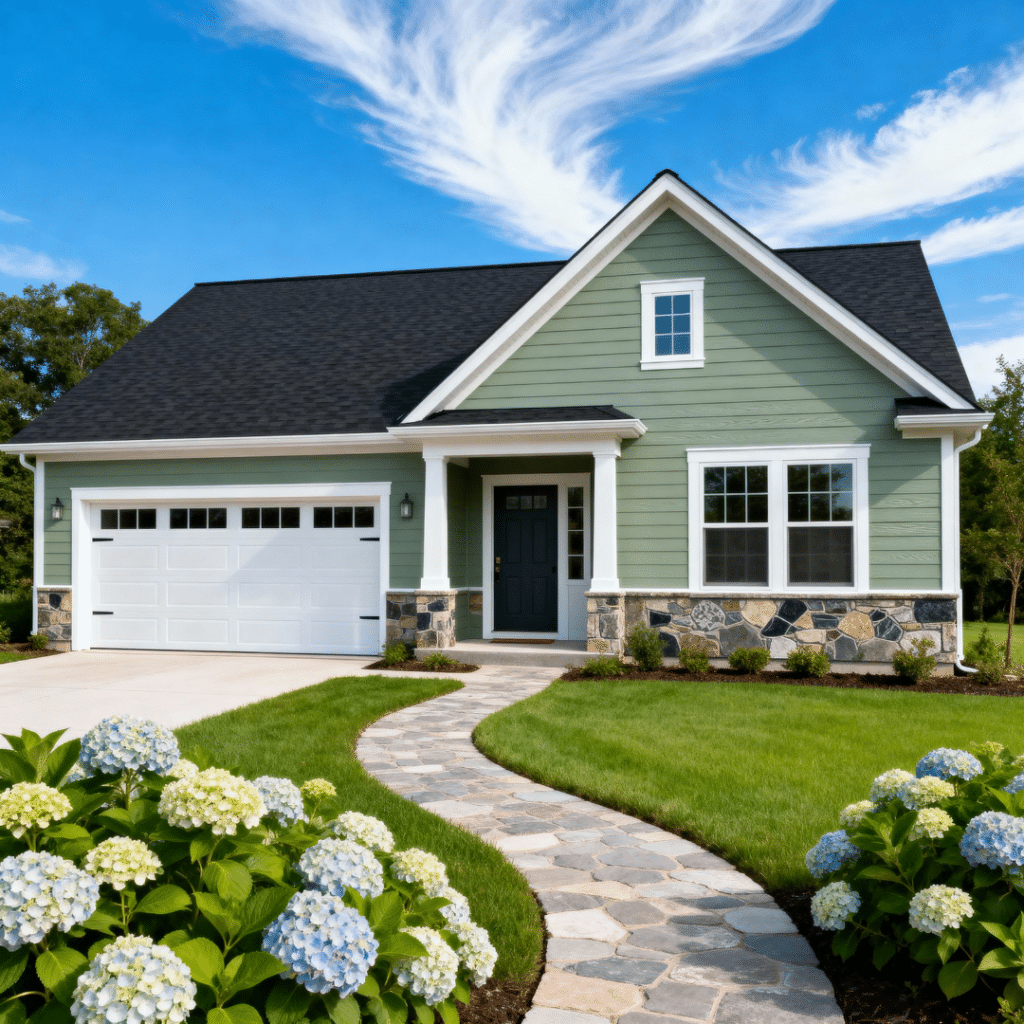 “Beautiful small suburban prefab home with a garage by My Own Cottage in Barrie, Ontario, shown in a peaceful summertime setting under clear blue skies.”