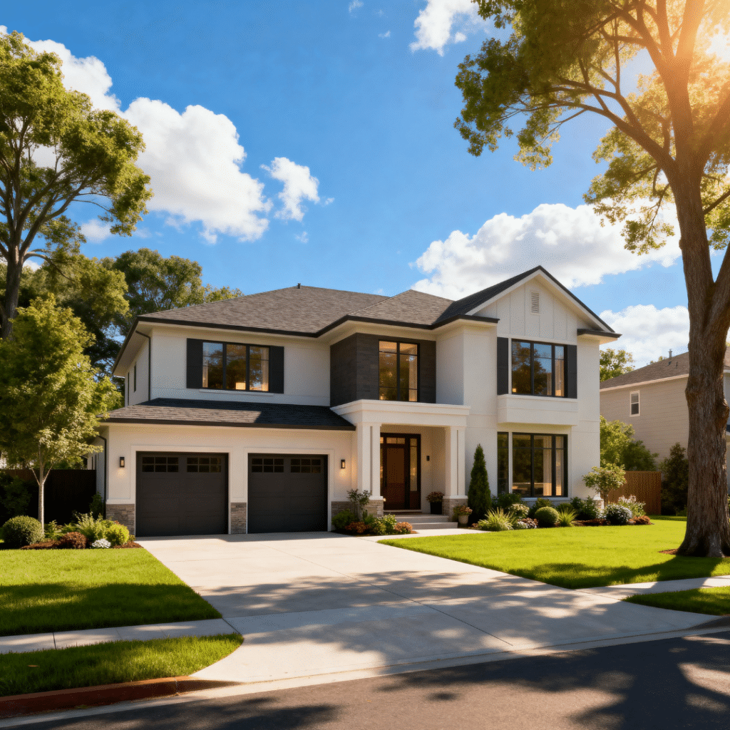 “Beautiful suburban prefab home with a garage by My Own Cottage in Barrie, Ontario, shown in a peaceful neighbourhood under clear blue skies.”